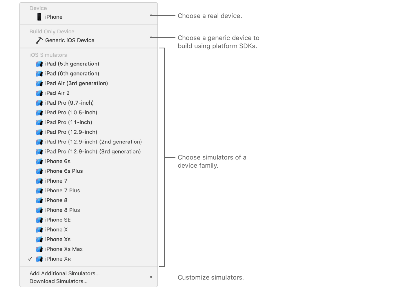 Screenshot showing the run destination menu in the toolbar where you choose a real device, choose a simulated device, or create a custom simulator.